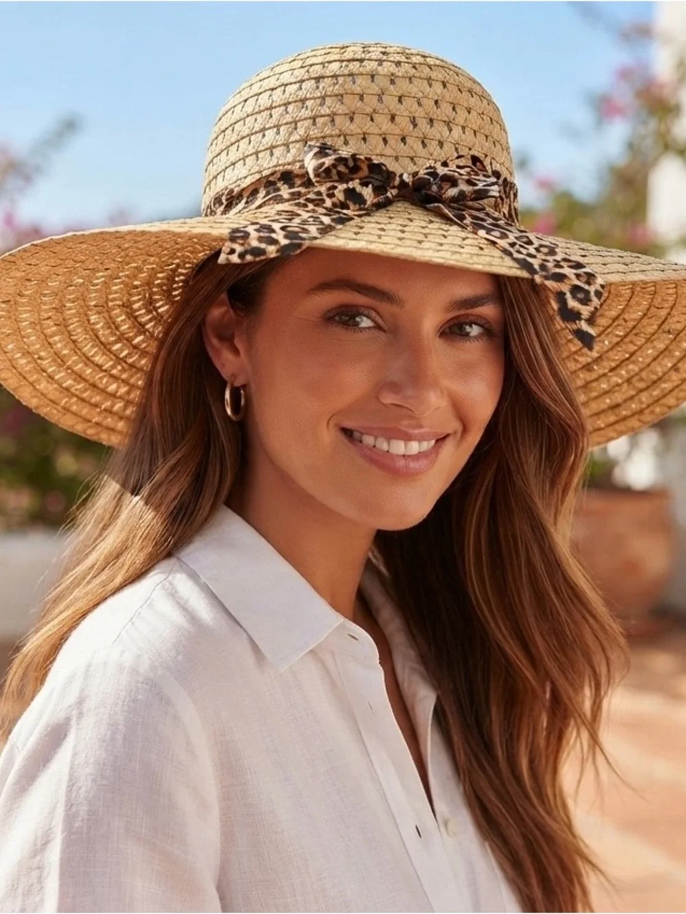 Brand New Women’s Chic Leopard Bow Straw Sun Hat